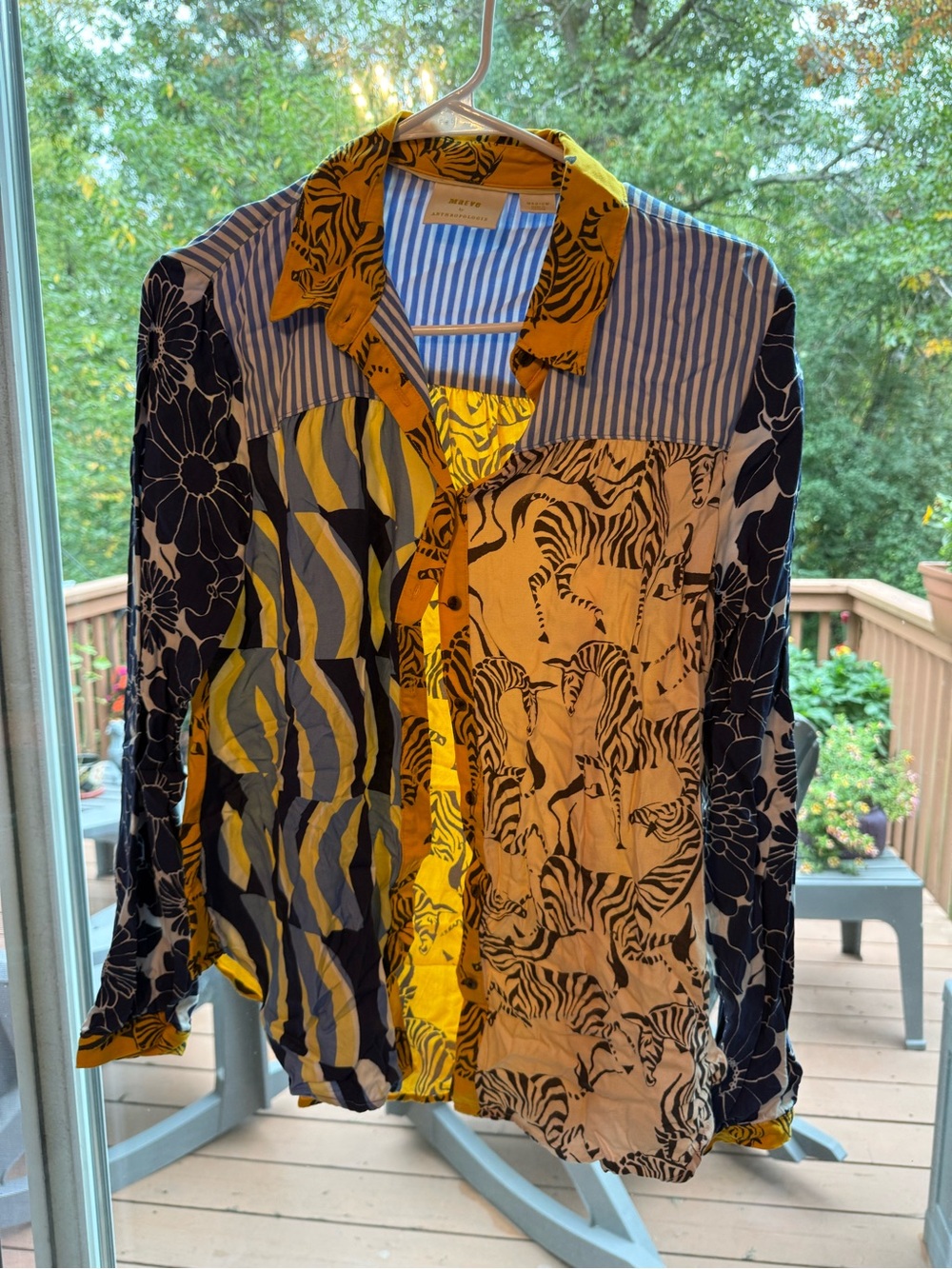 Maeve Anthropology Patchwork Print Button-Up Shirt in Yellow and Black